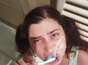 Stupid StepDaughter brushes her teeth with Cum. Her Stepfather cheated her