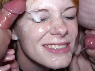 Cute young redhead gets facial bukkake cumshot from older dudes in threesome