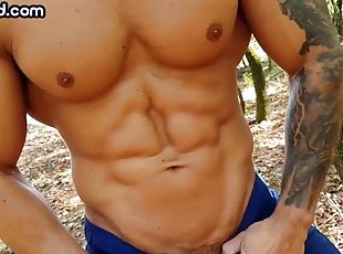 masturbation, en-plein-air, amateur, gay, secousses, solo, rasé, musclé, tatouage, bite