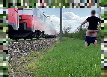 Dick flash train, risky masturbation