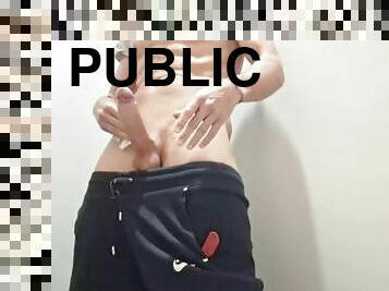 Muscular Guy with big cock in a Risky Cumshot Adventure in a public bathroom