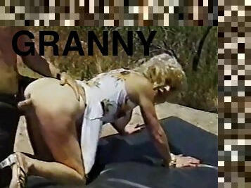 Blonde granny fucked outdoors in all her holes