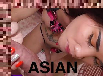 Tattooed asian ladyboy sucks and rides a tourists cock