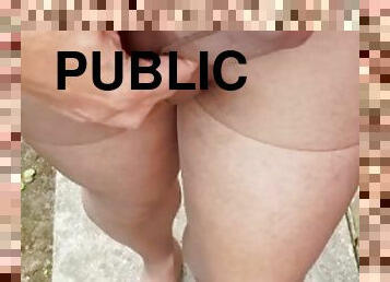 Big cumshot in public in tan stockings