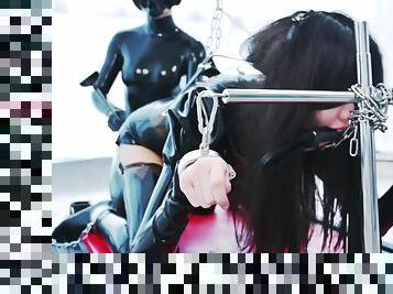 asiatique, amateur, lesbienne, bdsm, bas, latex, bâillonnement, domination, brunette