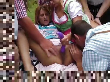 German outdoor gangbang fuck orgy