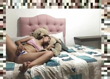 Alone at home with my pussy, stuffed animal and dildo