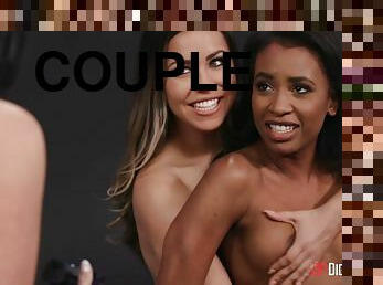 Chocolate babe satisfies a white girlfriend in photo studio