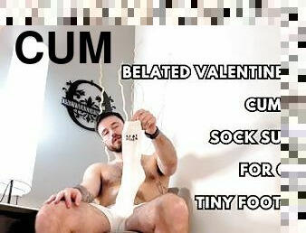 Belated Valentines Day cum filled sock surprise for giants tiny foot slave