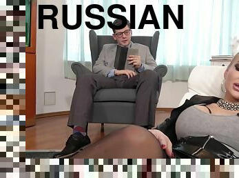 Buxom Russian MILF in black stockings fucks her therapist