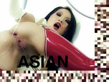 asiatique, masturbation, jouet, bas, serrée, parfait, latex, solo, bottes