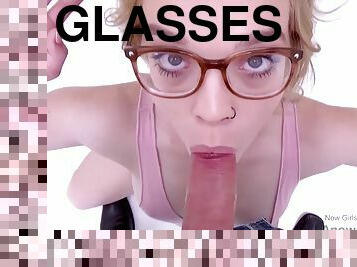 Blondie with glasses makes hard dick ejaculant in studio