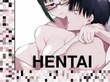 lunettes, fellation, ejaculation, hentai, brunette, enchaînées