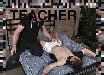 Old teacher Sebastian Kane sucks and tugs on tied twinks cock