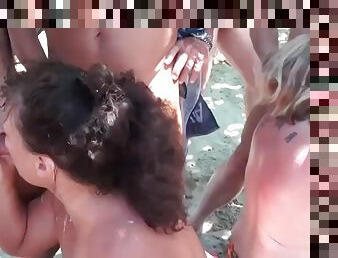 mature, fellation, sexe-de-groupe, plage, bukkake