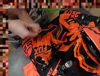 huge cumshot over my orange fox mx gear (boots, socks, gloves, helmet)