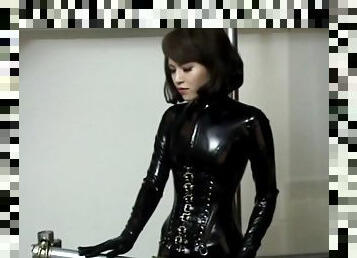 asiático, mulher-madura, fetiche, latex