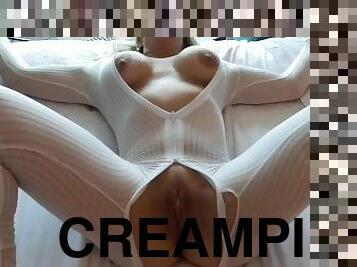 White Bodysuit 10 inch stilettos creampie