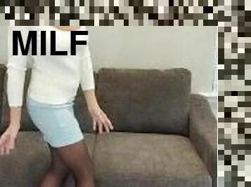 Today's custom was fun! #stellahere #petite #highheels #pantyhose #miniskirt #sweater