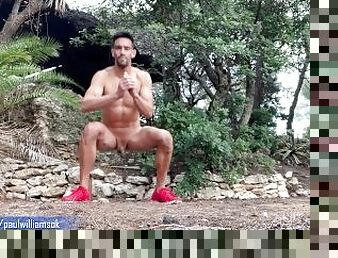 Shredded body latin man doing naked squats in public