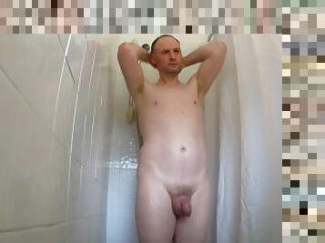 Kdoslong naked in shower pisses and wanks as he washes his body and cock