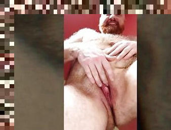 Hairy trans man shows of his shaved pussy, jacks off with dildo and squirts