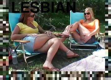 Lesbian hotties have fun outdoors