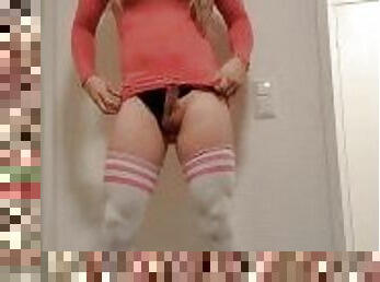 Femboy sissy with great legs jerking off in thigh high socks