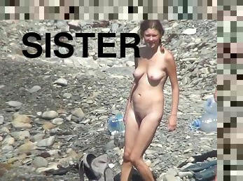 nudist, utendørs, kamera, strand, voyeur, søster, skjult