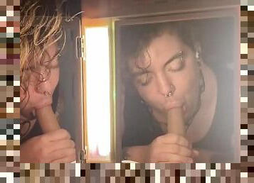 Transboy Mirror Oral, 3 angle throat fucking with a toy.