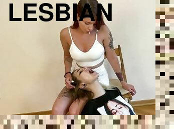 Lesbian Human-Spittoon Slave-Girl For Mistresses Sofi and Kira - Spitting Lezdom