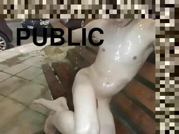 bañando, al-aire-libre, público, amateur, gay, primera-persona, europeo, euro, ducha, a-solas