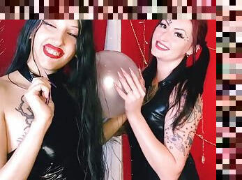 Balloon fetish. Two Mistresses blow up a balloon, play with their long nails, getting on your nerves, and pop the balloon. Balloon sound