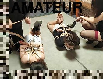 amateur, bdsm, sexe-de-groupe, bas, bâillonnement, bondage, brunette