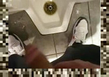 Date night piss in full public restroom moaning naughty piss making mess pee in floor