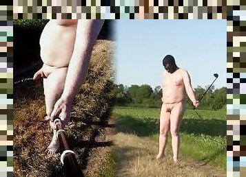 nudist, utomhus, pissande, publik, knubbig, exhibitionist