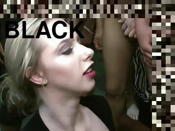 Blowbang blonde bukkake by black and white cocks