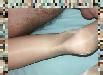 Huge cumshot on mules and feet in nylon stockings after footjob