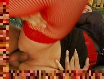 Chubby lady in red fishnet sucks a cock before deep penetration