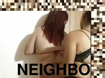 I fuck the neighbor against the wall, all horny, she sucks my dildo