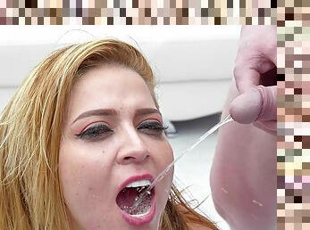 (Wet) First time Zara Montoya, 22 guys, Cum in Mouth, Marina Gold, Bukkake, 5on1, BBC, Pee drink, DP, Swallow - PissVids