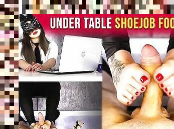 Footjob and Shoejob Under table with Ballbusting POV  Era