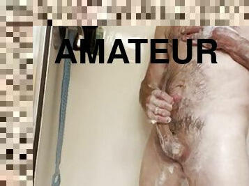 Daddy in the shower gets hard and strokes