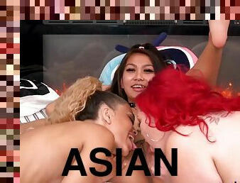 asiatique, lesbienne, jouet, latina, belle-femme-ronde, trio, pieds, rousse, blonde, fétiche