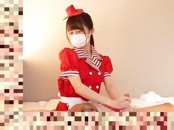 Japanese waitress gives a guy a hand job while being fingered