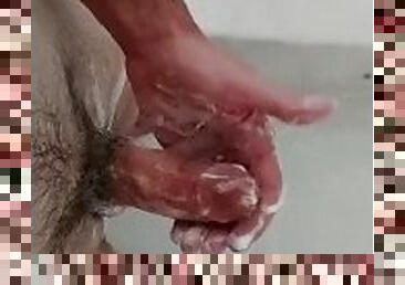 Thick cock masturbation in shower teasing hard dick with abs