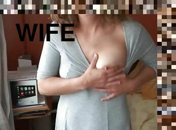 My wife shows off in front of my friends so they can jerk off and fill her with milk