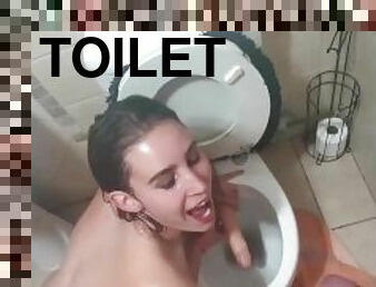 Toilet whore gets a piss facial, licks a piss soaked dildo clean and suck my cock