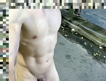Hot ripped abs guy walks in the street all naked at night. Very risky. Almost caught few times