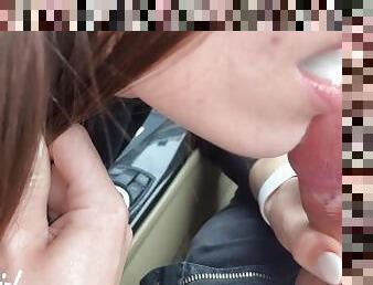 Horny girl driver swallows random guy's cock in car.